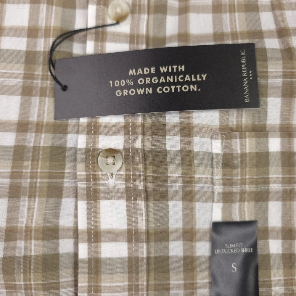 Banana Republic Shirt Mens Small Beige Plaid Slim Fit Untucked Button Up Casual